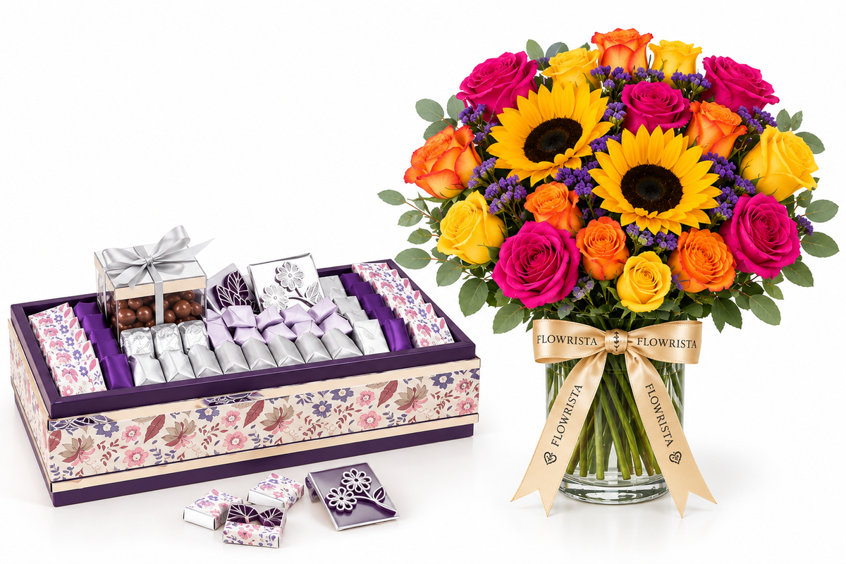 Purple Belgian Chocolate Gift Tray with Colorful Bouquet