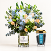 Shop Tibr Blue Perfumed Agarwood by Abdul Samad Al Qurashi paired with a luxury vase arrangement by Flowrista. A premium fragrance and floral gift set in UAE.