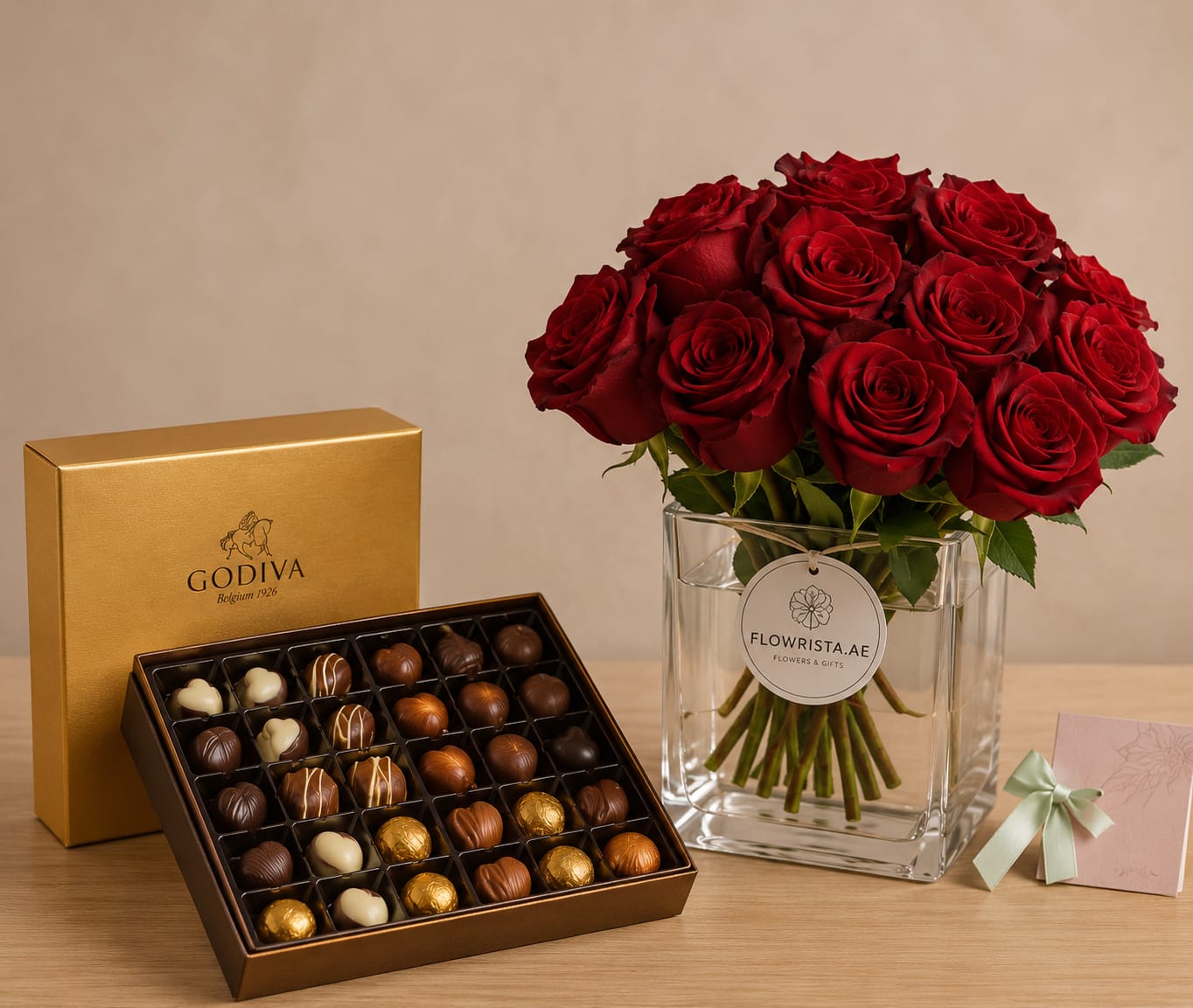 Godiva Gold Gift Box 24pcs & Red Roses Vase
