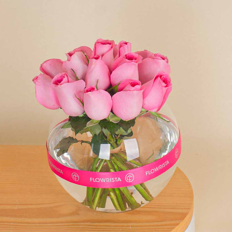 Cube Vase with 20 Pink Roses