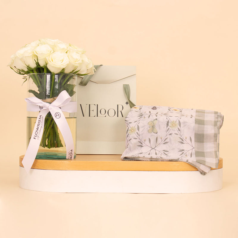 Veloor Scarf | Butterbees and White Rose Vase