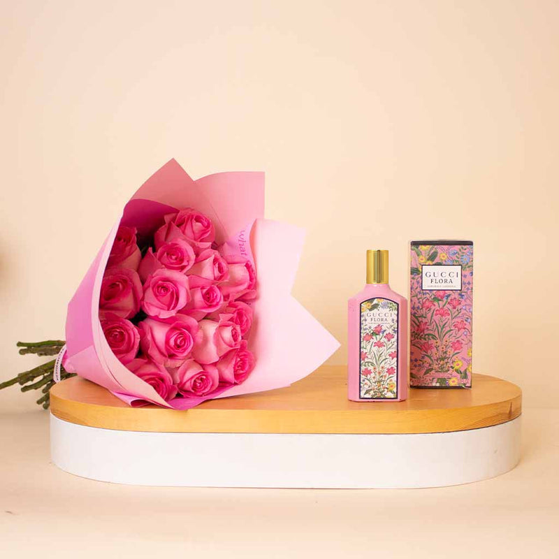 Gucci Flora Gorgeous Gardenia For Women EDP 100ml & Pink Roses Bouquet