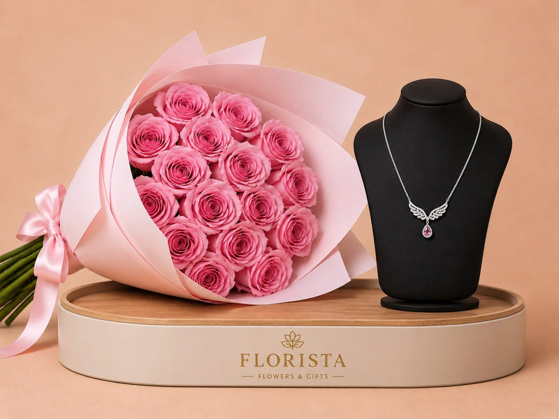 Silvara Angel Wings Necklace & Pink Roses Bouquet