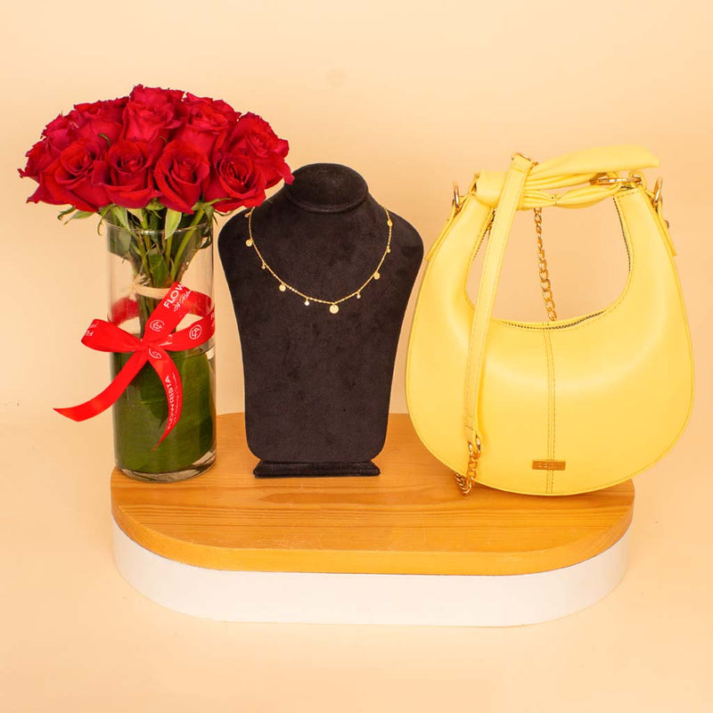 Bella Yellow & Golden Circles Bundle - Alamki Bag & Felizmoda Necklace & Red Roses Vase