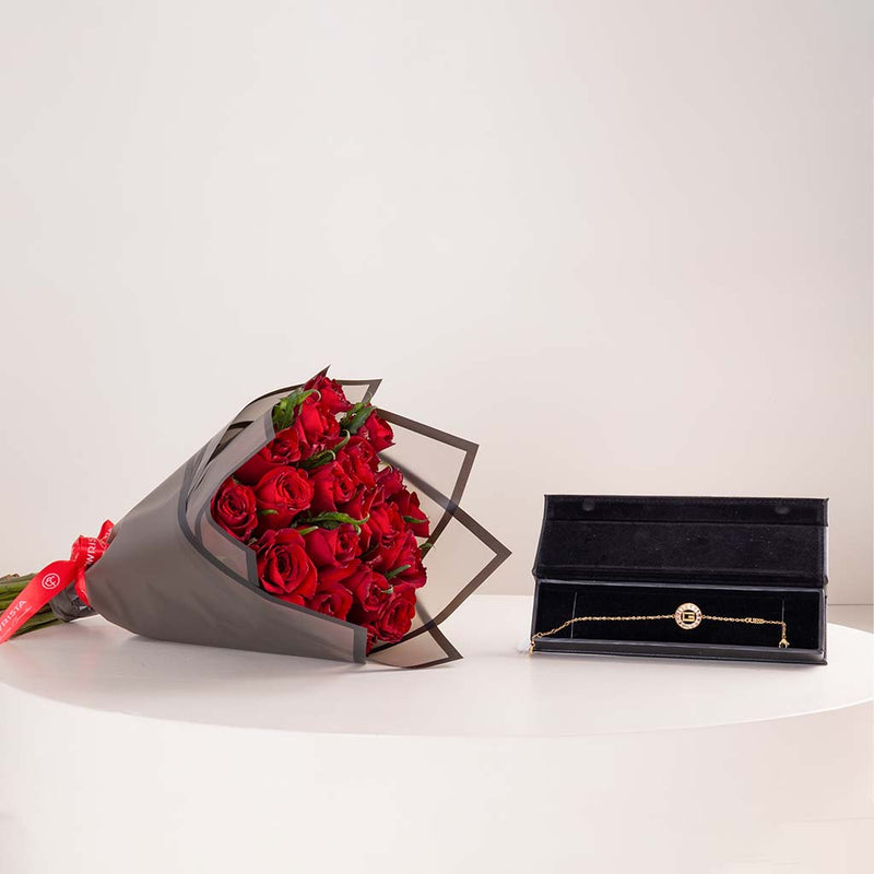 GUESS Women’s Gold-Tone Charm Chain Bracelet & Red Roses Bouquet