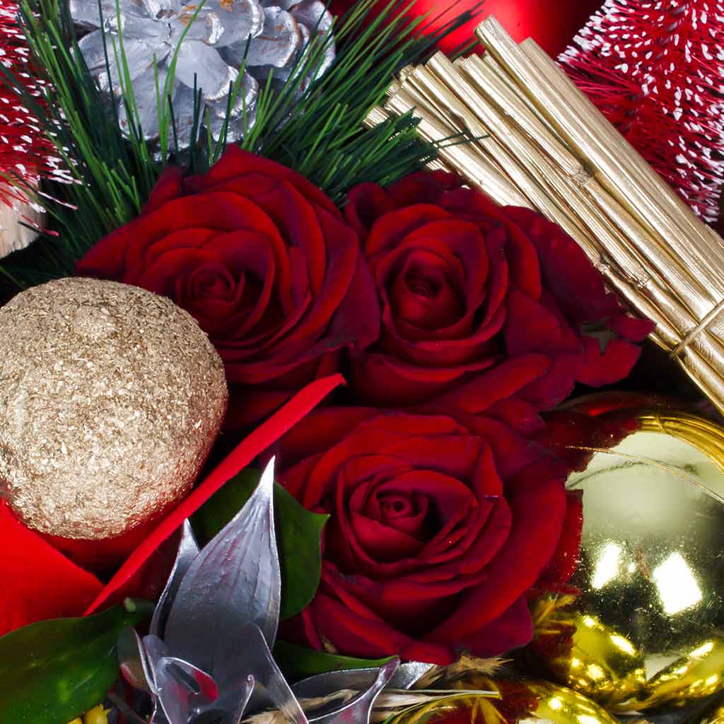 New Year Roses Gift Box with Festive Ornaments