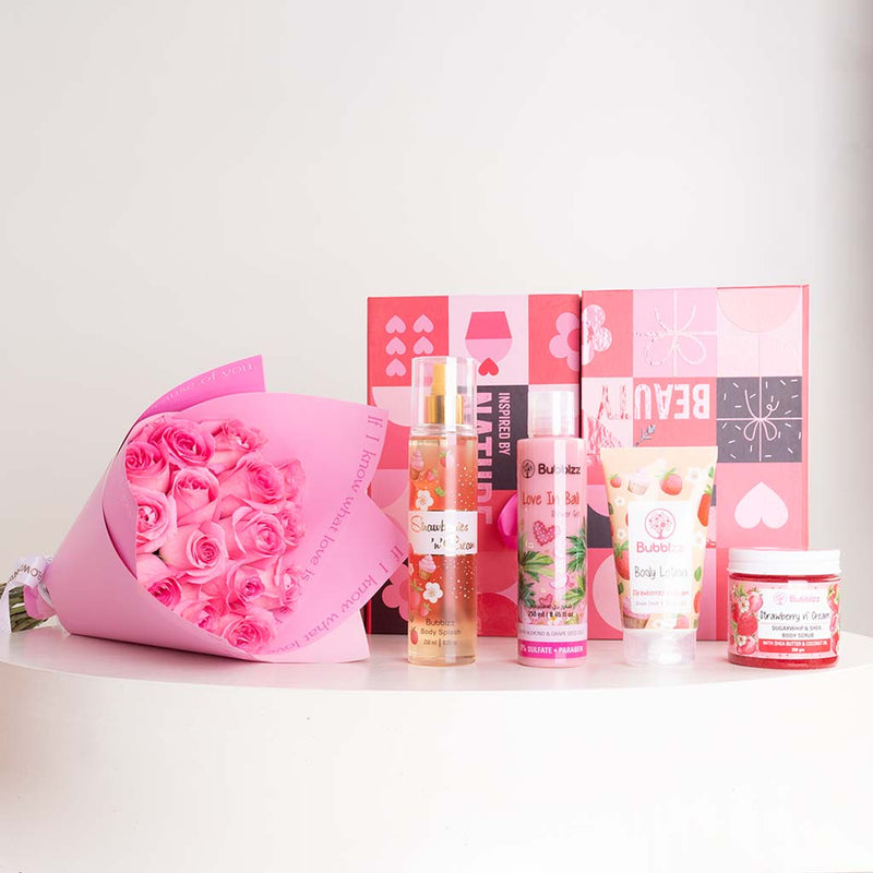 Bubblzz Strawberry Body Care Collection & Revival Roses Bouquet
