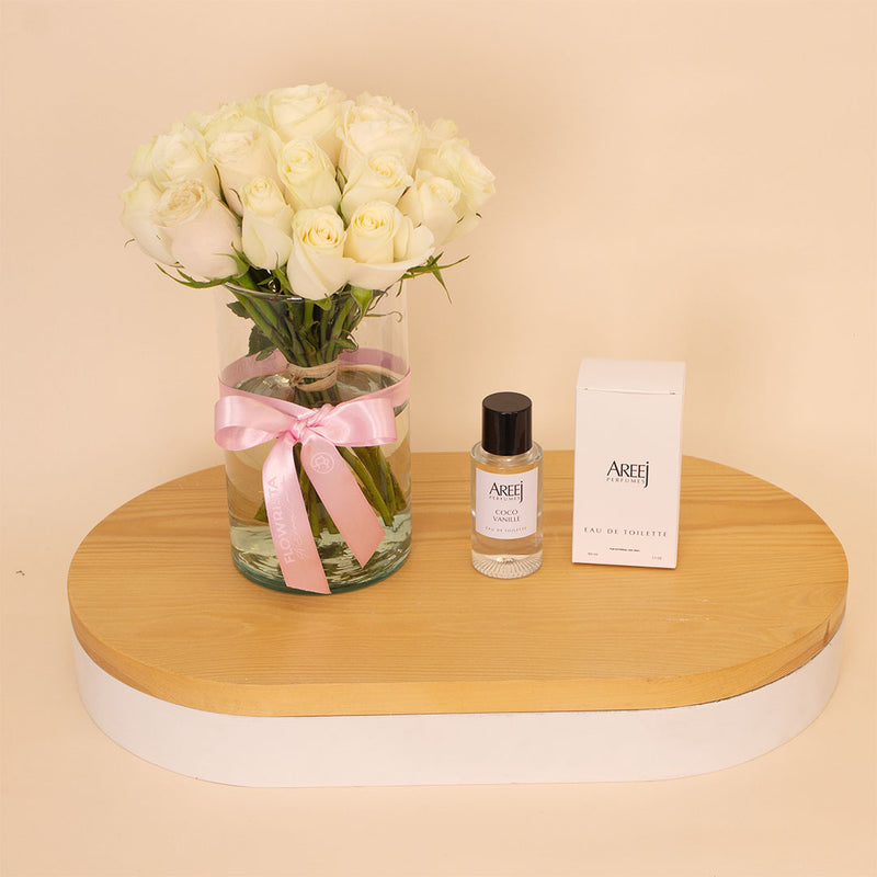 Areej Coco Vanille Eau de Toilette & 15 White Roses Vase