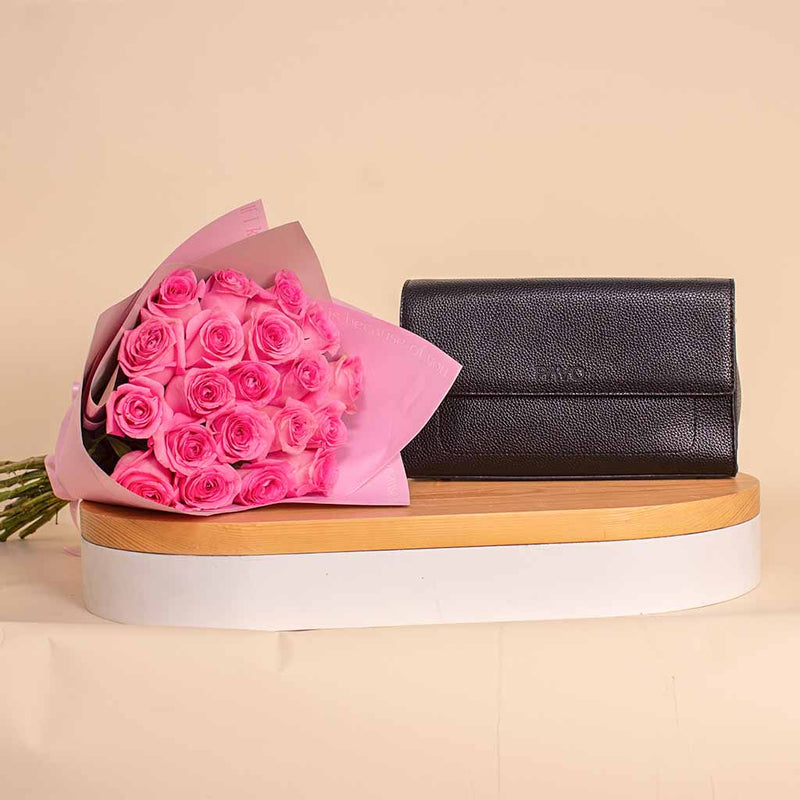 Pavo Black Small Handbag with Hand Bouquet of 20 Pink Roses