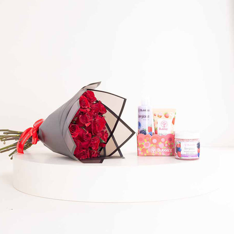 Bubblzz Berrylicious Body Care Gift Box & Red Roses Bouquet