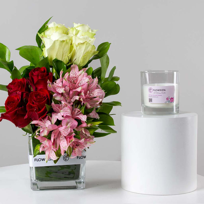 Alstroemeria Red & White Roses Vase & Zaha Candle
