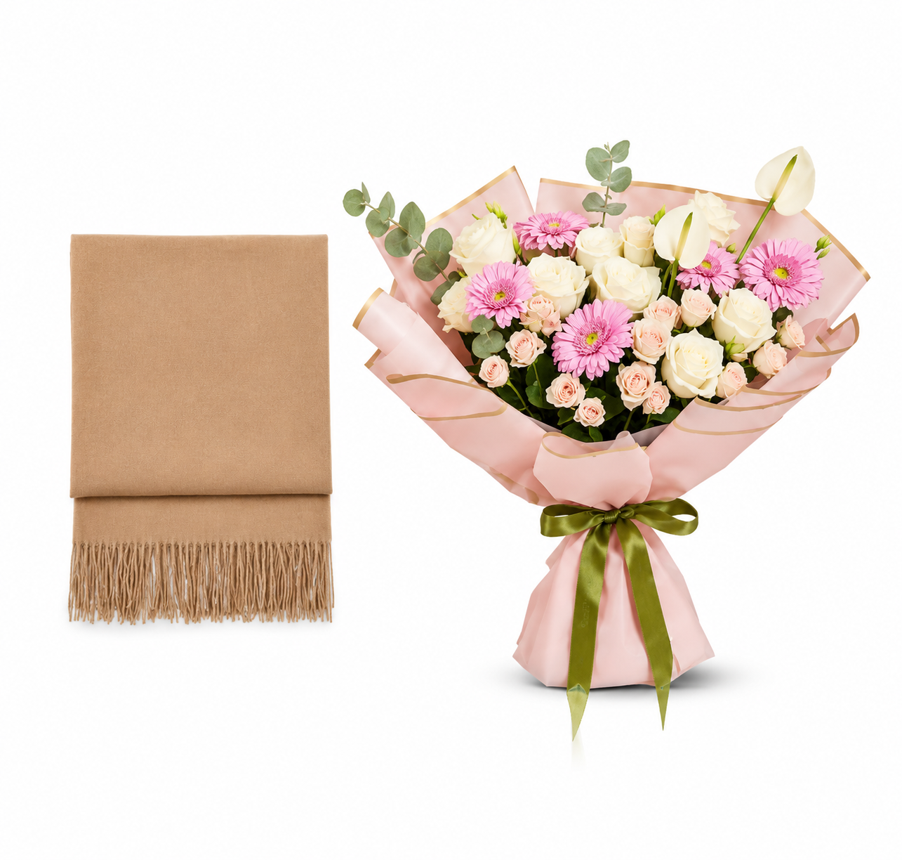 Mango Fringed Edge Scarf with Flowrista Whispers of Grace Bouquet