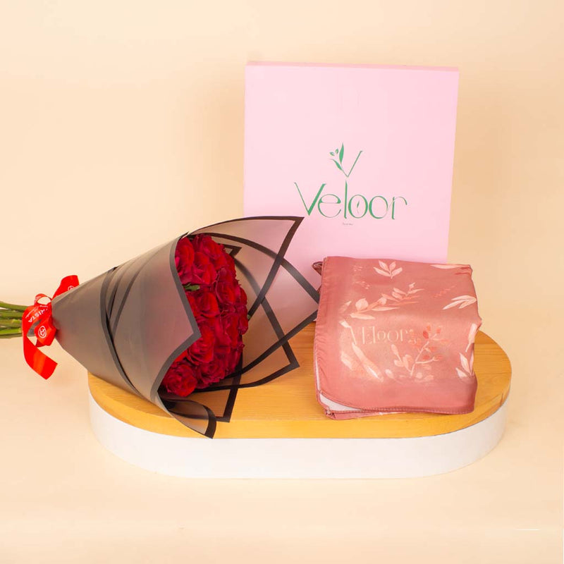 Veloor Rafef Scarf & Red Roses Bouquet