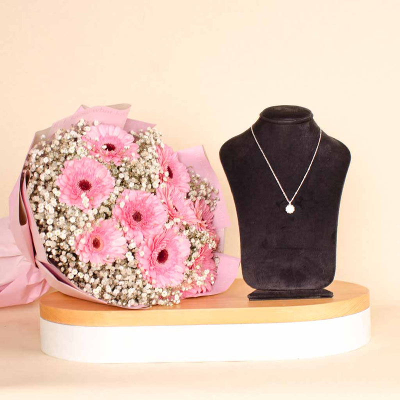 Felizmoda Shiny stones round pendant silver necklace | Pink Gerbera Bouquet