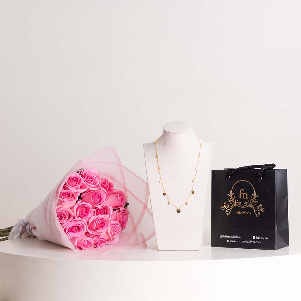 Felizmoda Silver Necklace with Multiple Circles & Pink Hand Bouquet