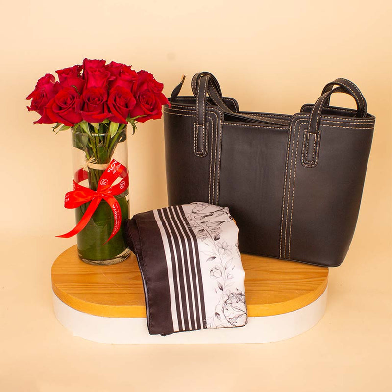Sketch Elegance & Roses Bundle - Velour Hams Scarf & Alamki Juliette Black Bag & Red Roses