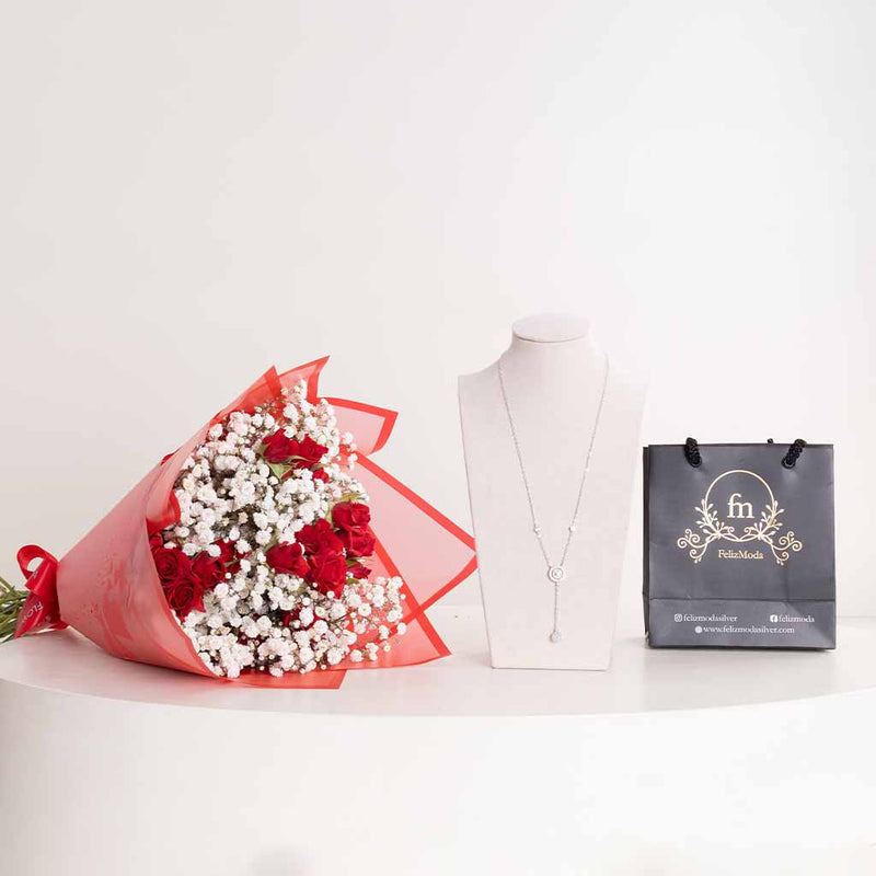 Felizmoda Silver Zircon Necklace & Baby Rose Mix Bouquet