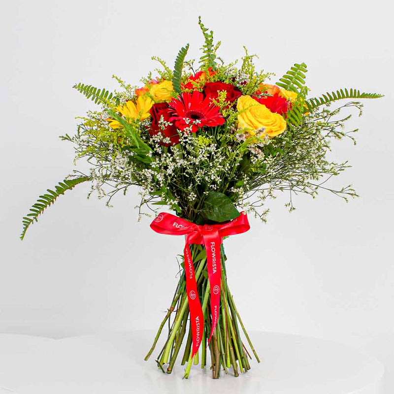 Mixed Roses Bouquet – Red, Yellow & White Roses with Greenery