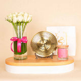 Flowrista | White Flower Vase with Candle & Golden Mother’s Shield