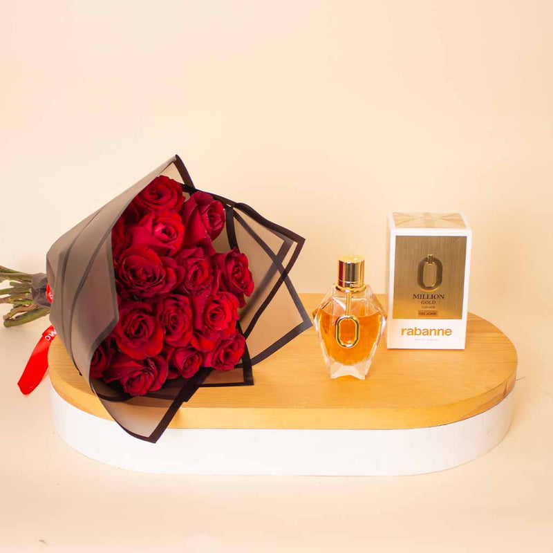 Paco Rabanne Million Gold Eau De Parfum For Women 90ml & Roses Bouquet