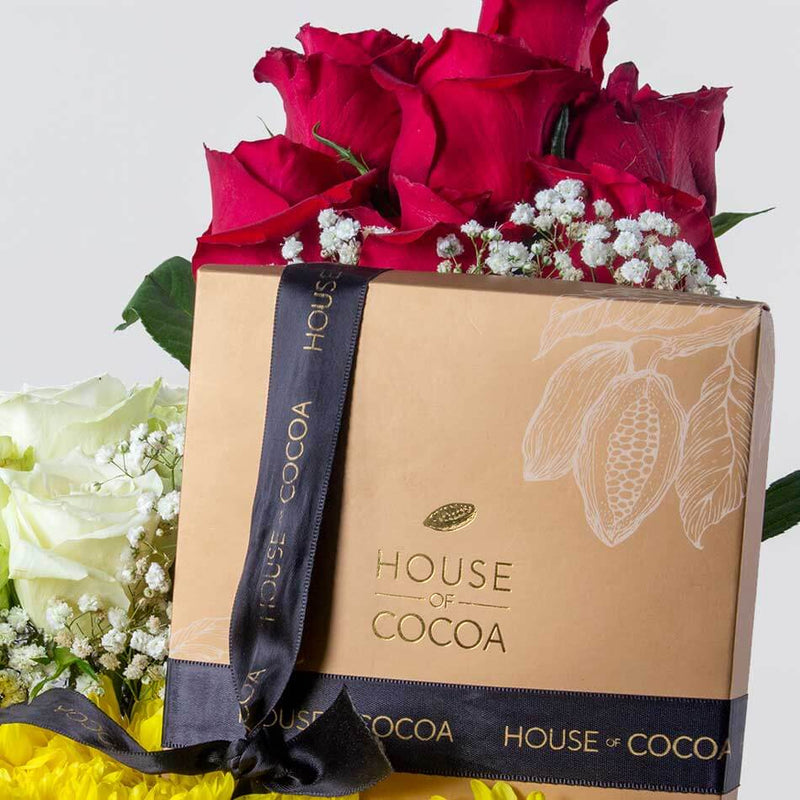 House of Cocoa Chocolate Box 16pieces and 16white and red roses