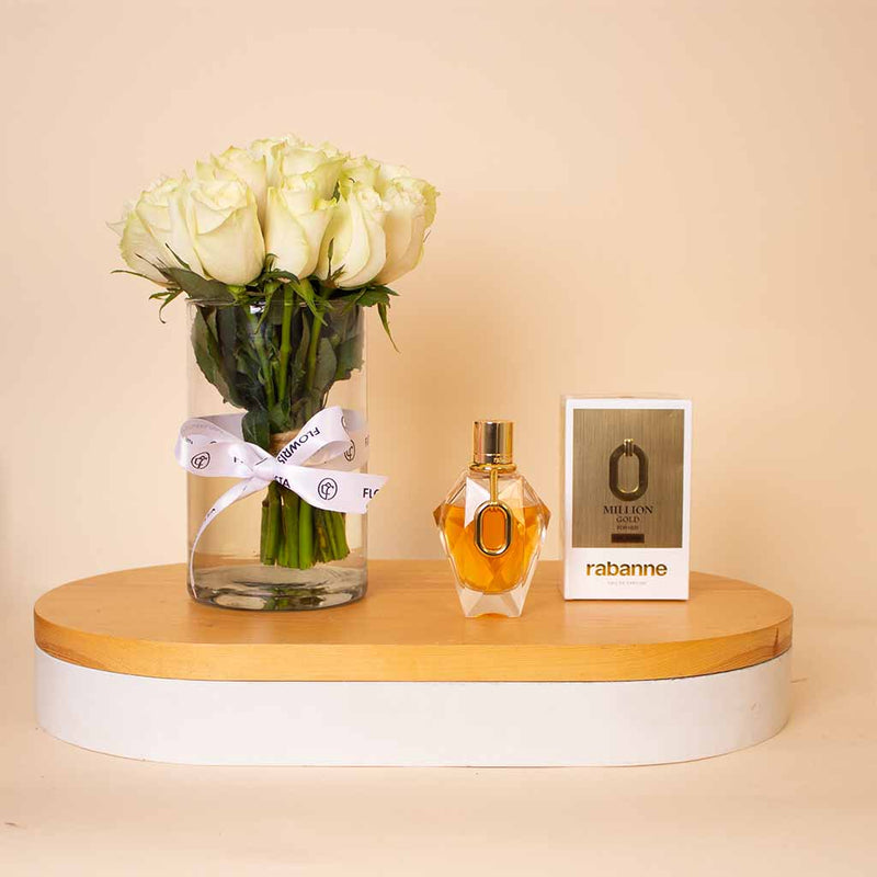 Paco Rabanne Million Gold Eau De Parfum For Women 90ml & White Roses Vase