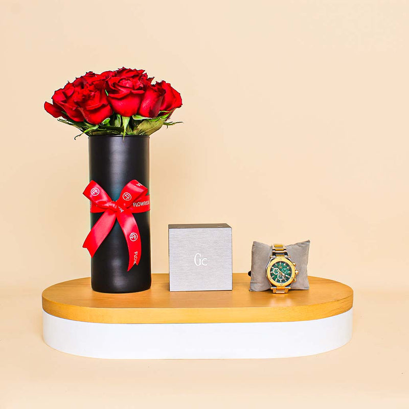 Guess Cableforce Green Analog Watch & Red Rose Vase