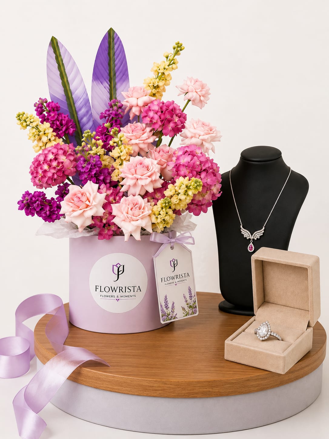 Silvara Angel Wing Necklace & Halo Ring Set with Lavender Mixed Flower Flowrista Hat Box