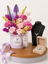 Silvara Angel Wing Necklace & Halo Ring Set with Lavender Mixed Flower Flowrista Hat Box