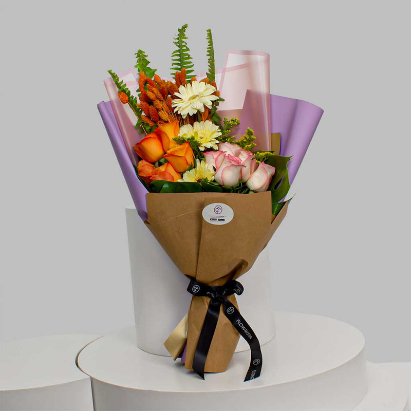 White Gerbera & Orange Senorita Roses Bouquet