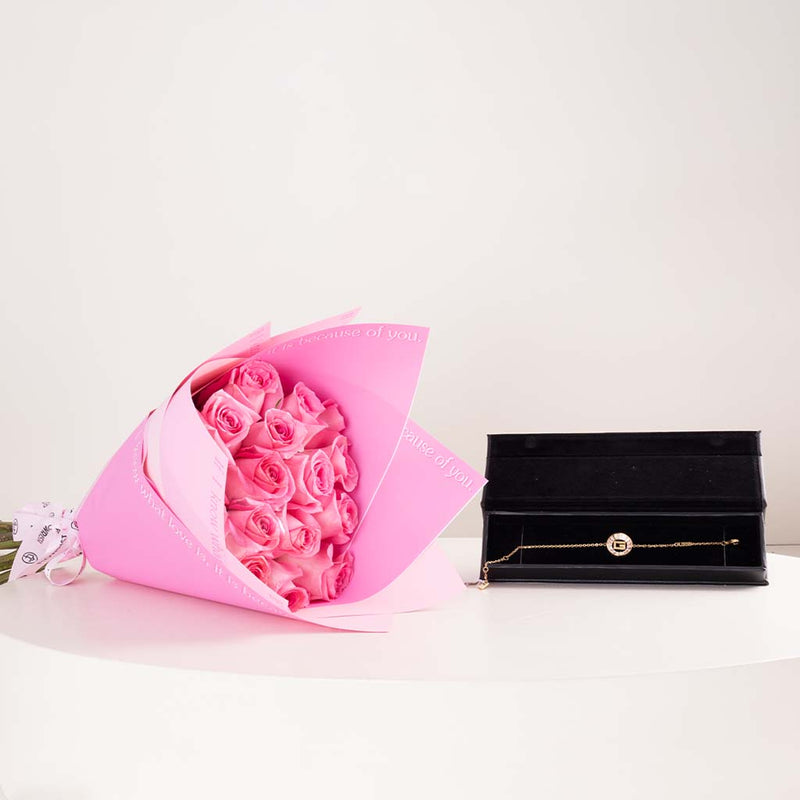GUESS Women’s Gold-Tone Charm Chain Bracelet & Pink Roses Bouquet