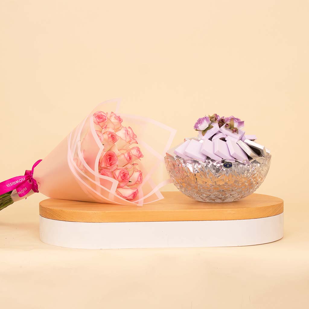 Passionelle Bohemia Bowl Silver with 15 Pink Roses