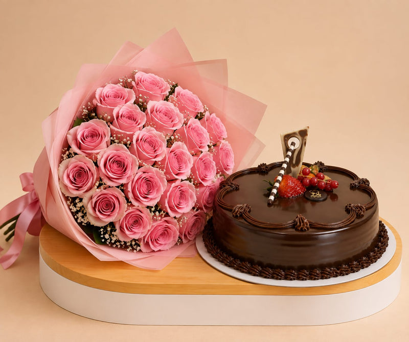 Mister Bakery Chocolate Cake & Pink Roses Bouquet