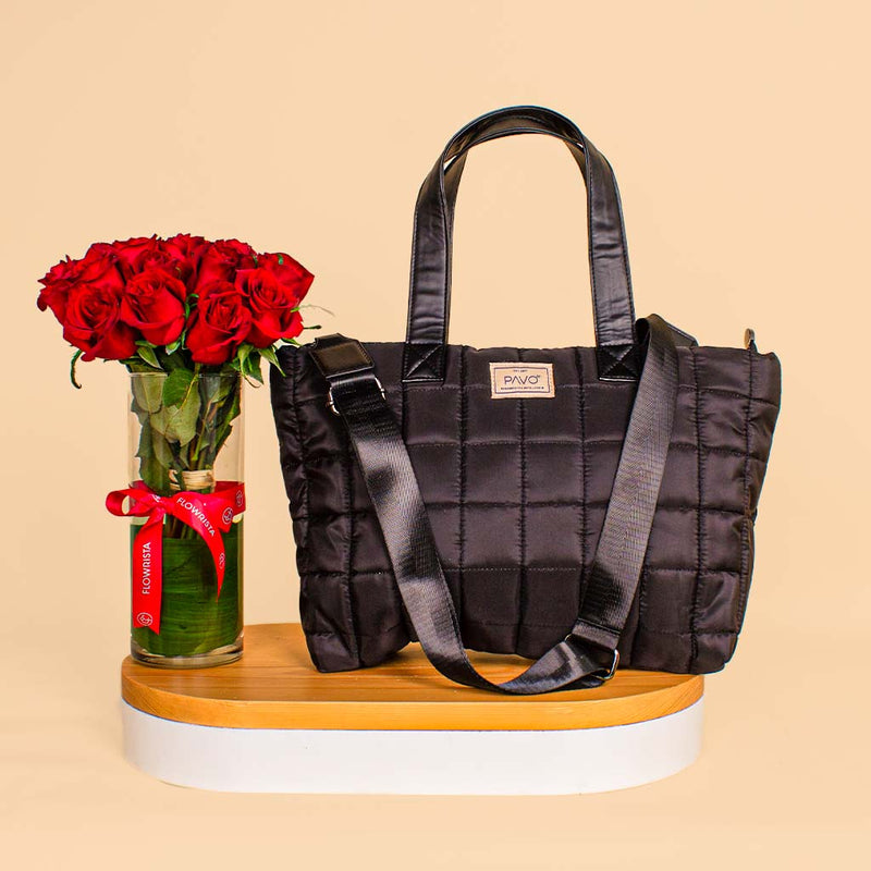 Pavo Black Tote Bag Handbag And 20 Red Roses Vase