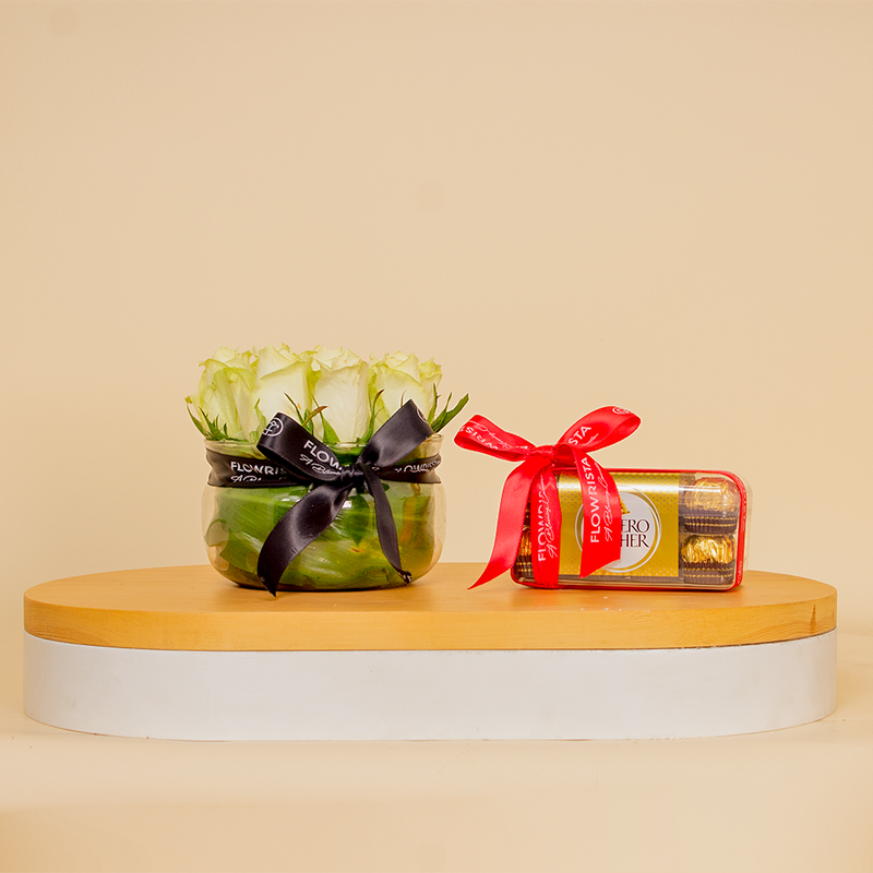 White Roses Vase with Ferrero Rocher Chocolates