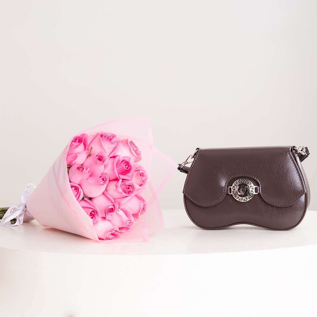 CoCan Mini Golden Purse Bag & Pink Roses Bouquet