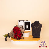 MUSC Oud Musc Perfume & Felizmoda Gold-Plated Silver Necklace with Red Roses Bouquet