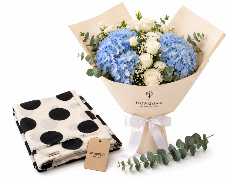 Mango Spots Print Scarf with Flowrista Blue Hydrangea & White Roses Bouquet