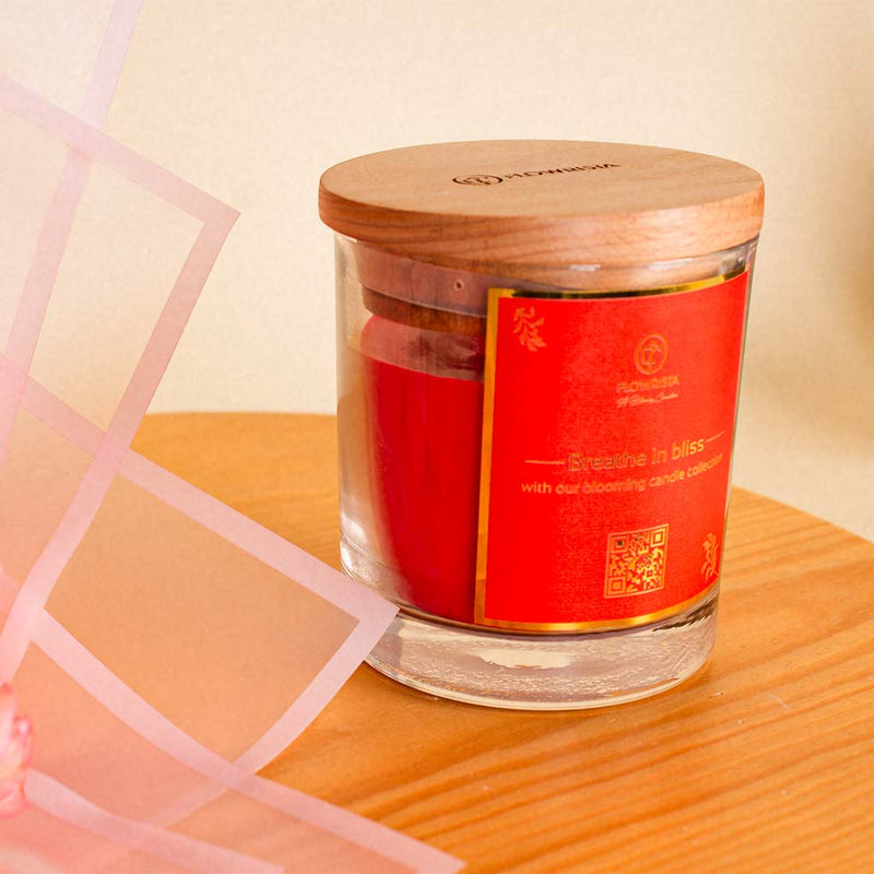 Red Jar Candle with 15 Light Pink Roses Bouquet