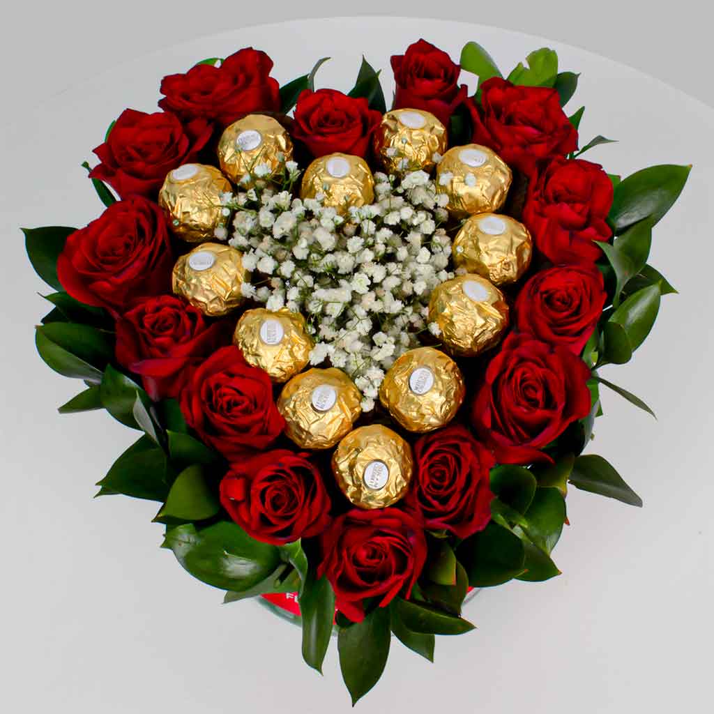 Valentine’s Vase with Red Roses & Ferrero Rocher