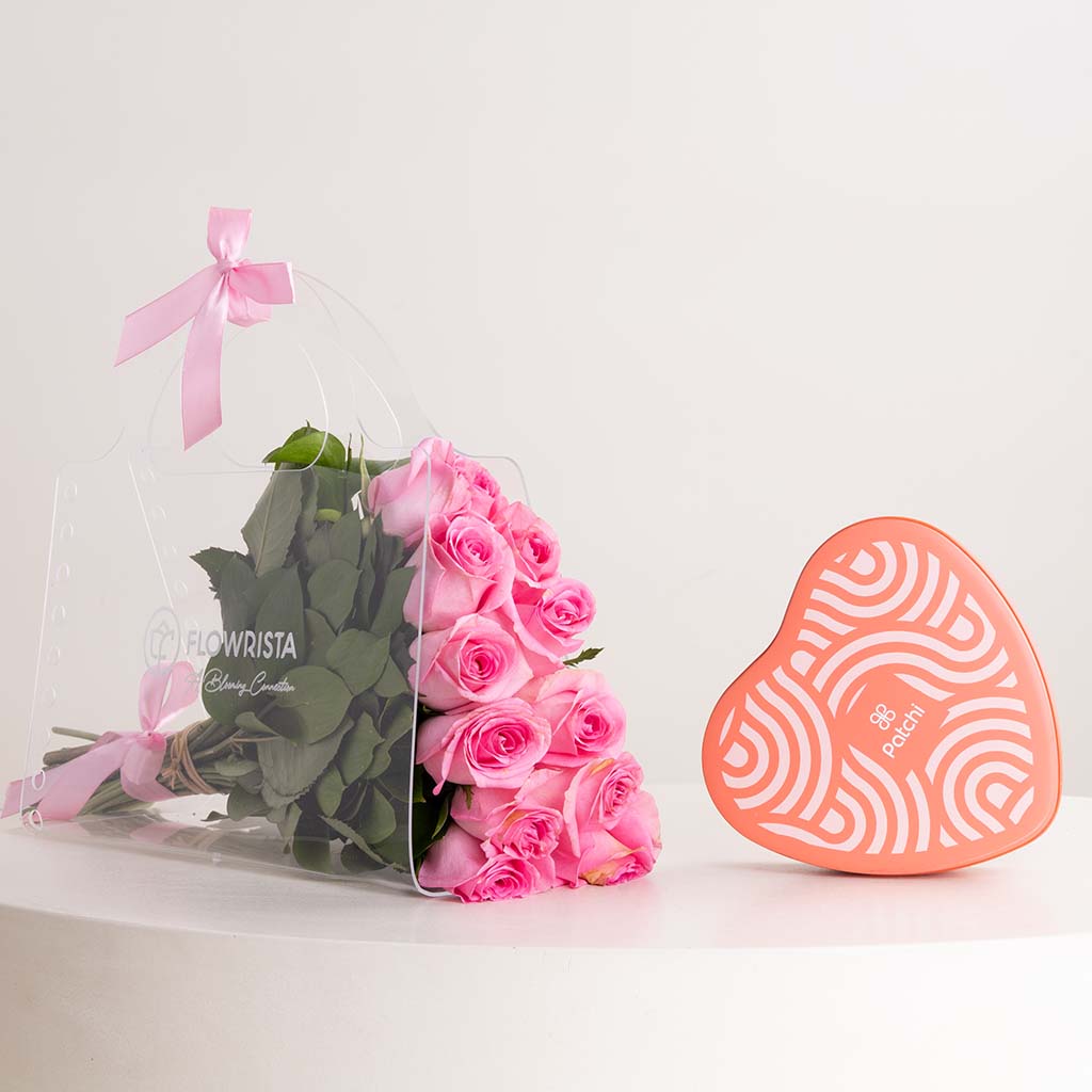 12 Pink Roses Bag and Patchi Tin Box of 22 Pieces