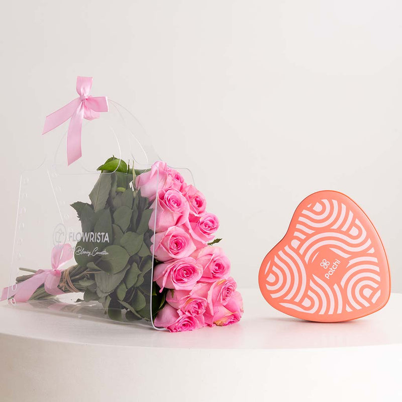 12 Pink Roses Bag and Patchi Tin Box of 22 Pieces