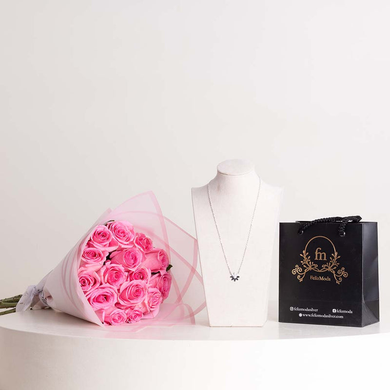 Felizmoda Flower Necklace & Pink Roses Bouquet