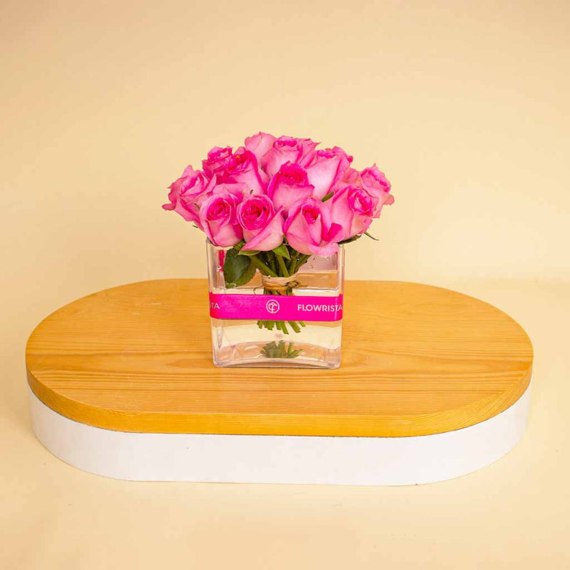 Cube Vase with 20 Pink Roses