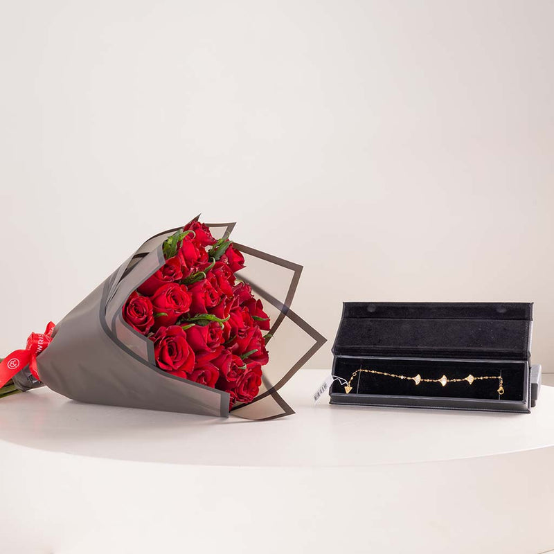 GUESS Fan Gold-Tone Charm Bracelet & Red Roses Bouquet
