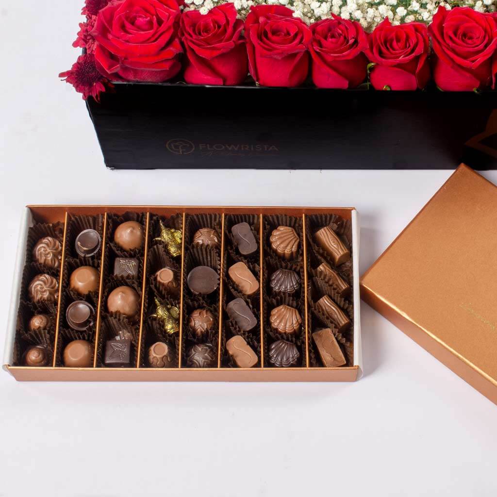 House of Cocoa Chocolate Box 32 pieces and 21 red roses