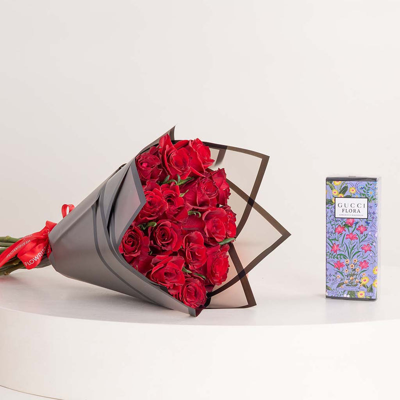 Gucci Flora Gorgeous Magnolia For Her EDP 100ml & 15 Red Roses Bouquet