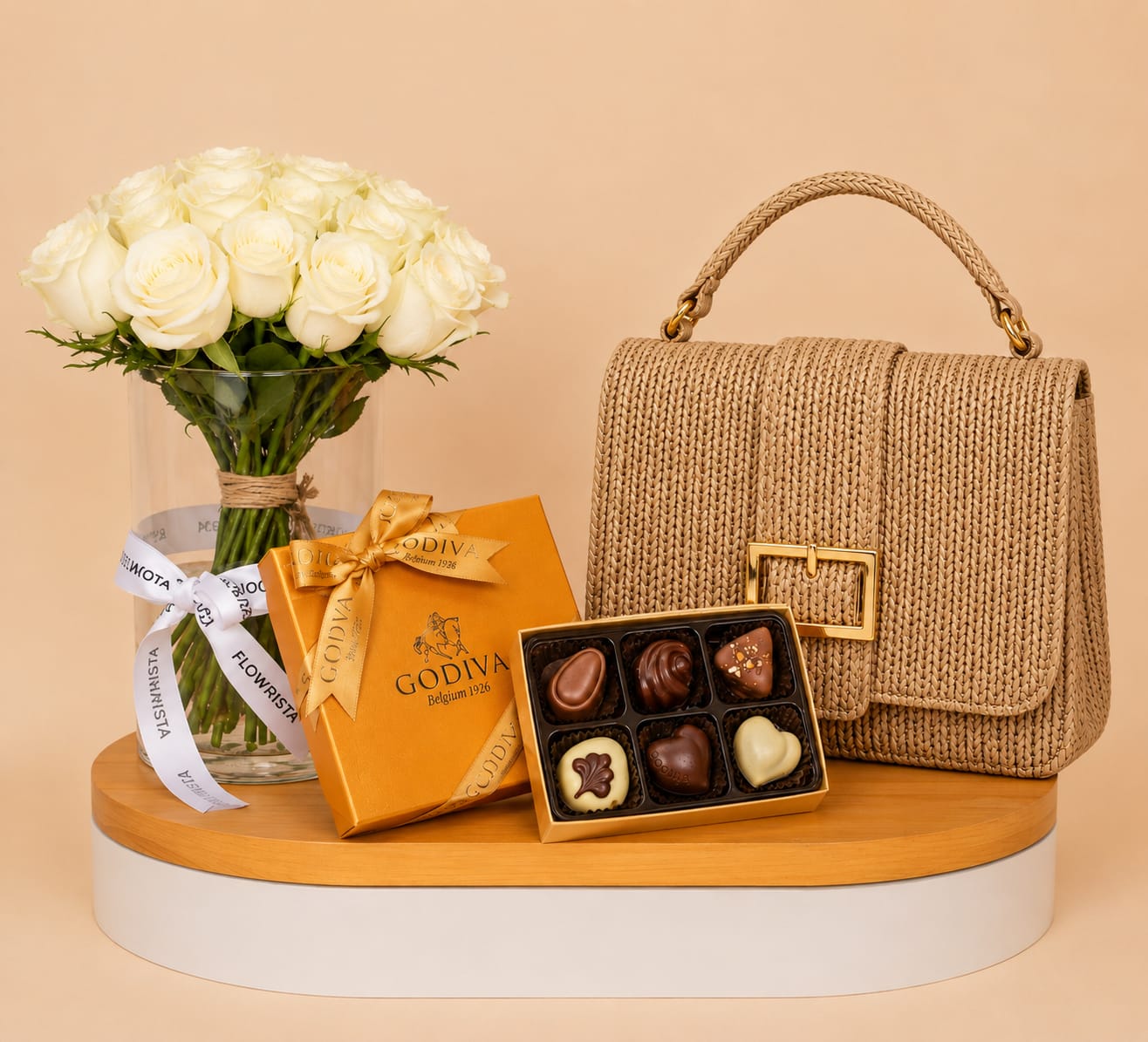 Godiva Chocolate & Rattan Bag & White Roses Vase