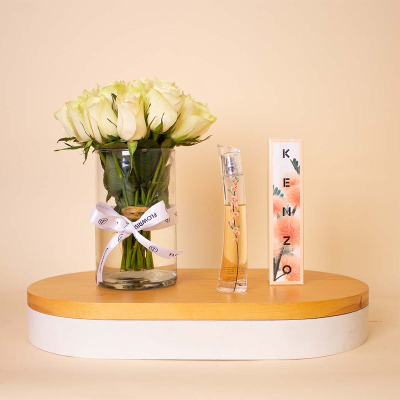 Kenzo Flower Ikebana EDP 75ml & White Roses Vase
