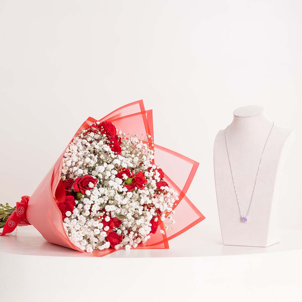 Markiz Platinum-Plated Zircon Pendant Necklace & Baby Rose Mix Bouquet